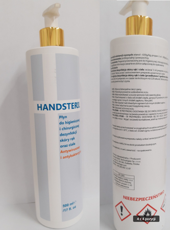 HANDSTERIL - Płyn do higienicznej i chirurgicznej dezynfekcji skóry rąk oraz ciała 500ml z dozownikiem, EAN 