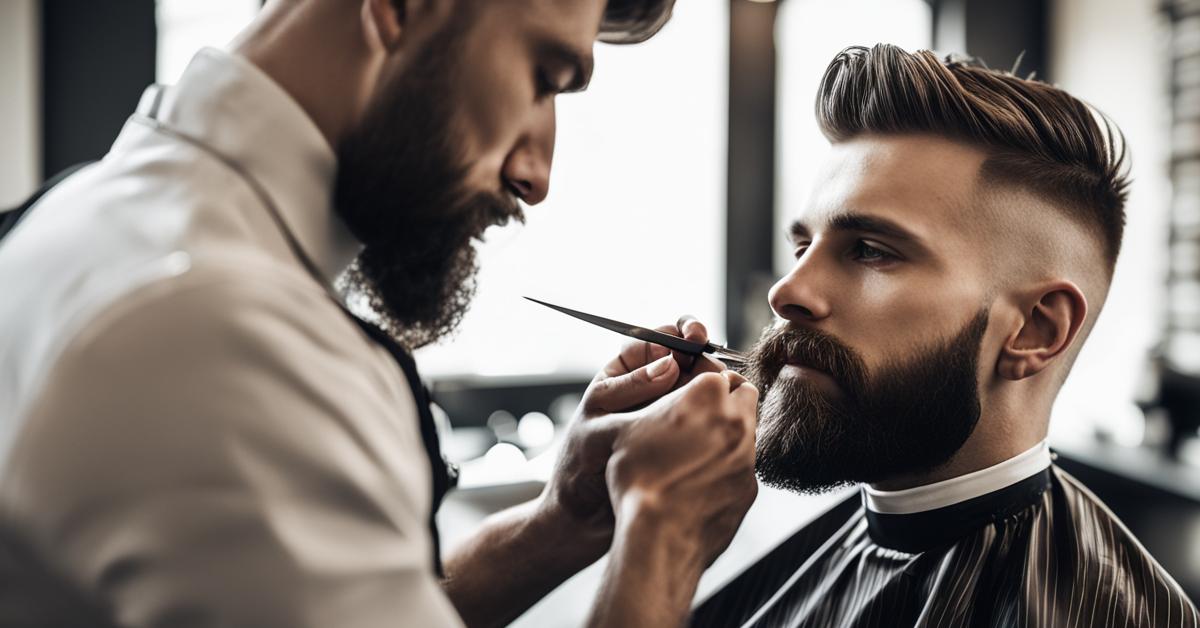 Barber z dbałością o detale stylizuje brodę klienta w nowoczesnym barbershopie.