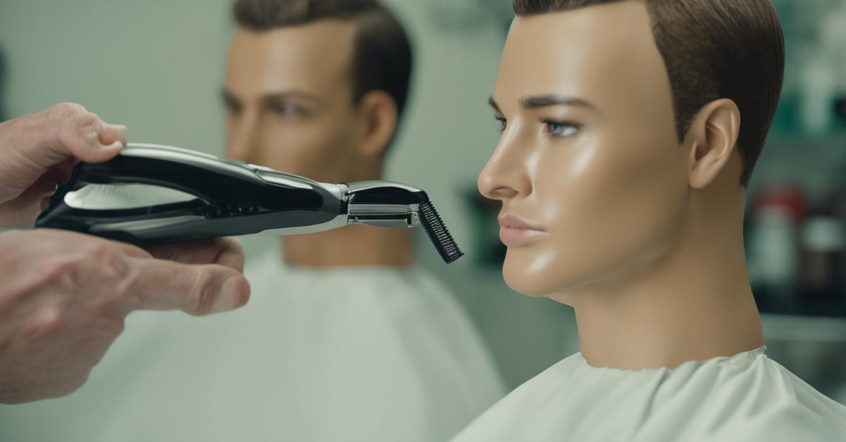 Dłonie strzygące włosy maszynką na manekinie, ukazujące prawidłową technikę.
