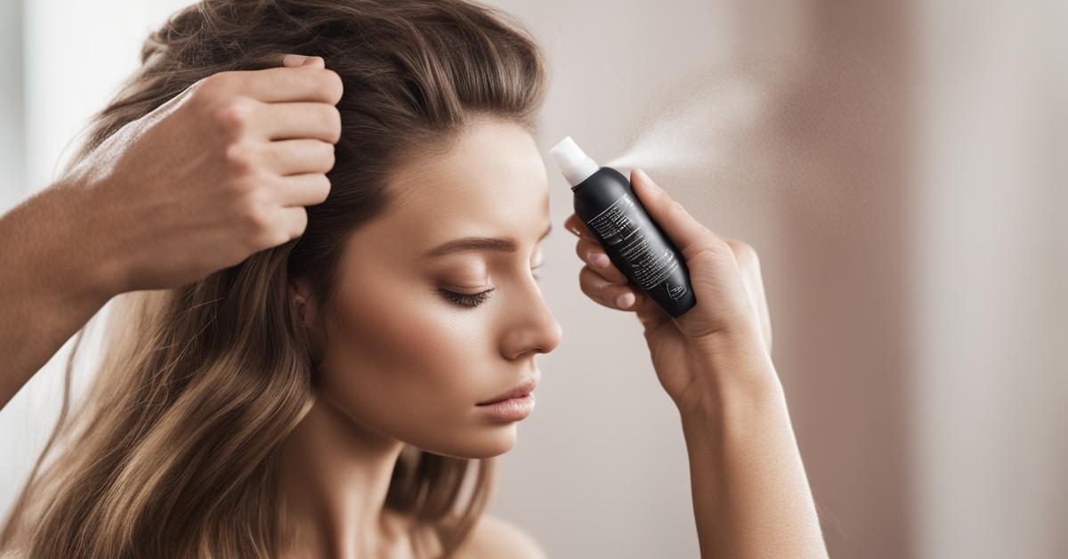 Dłoń aplikująca spray teksturyzujący na pasmo włosów, z ostrością na mgiełkę produktu i teksturę włosów, miękkie, rozmyte tło, wywołujące wrażenie ruchu.