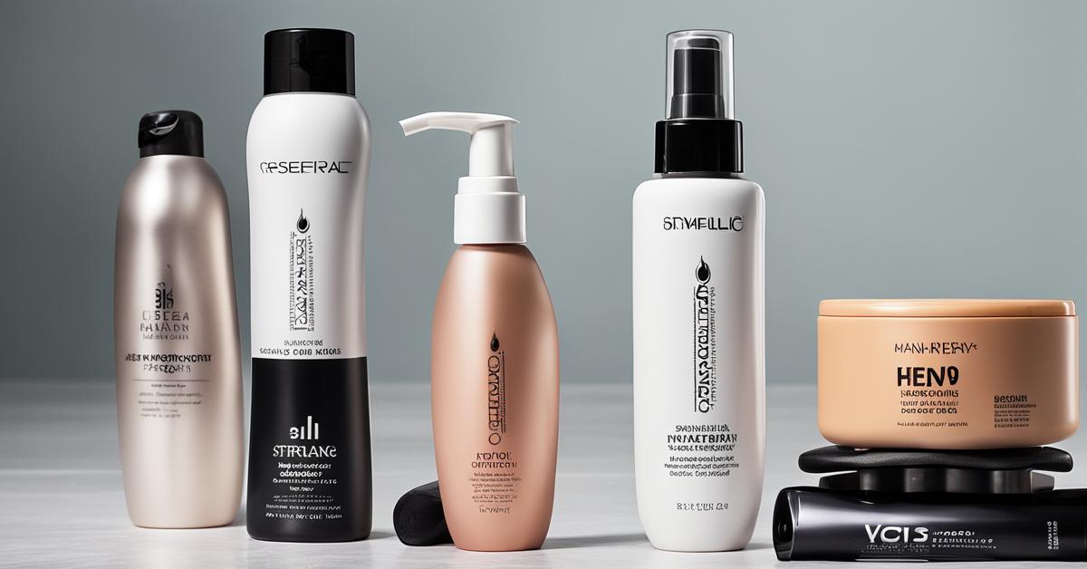 Różne produkty do stylizacji włosów, ze szczególnym uwzględnieniem sprayów termoochronnych i prostownicy w tle.