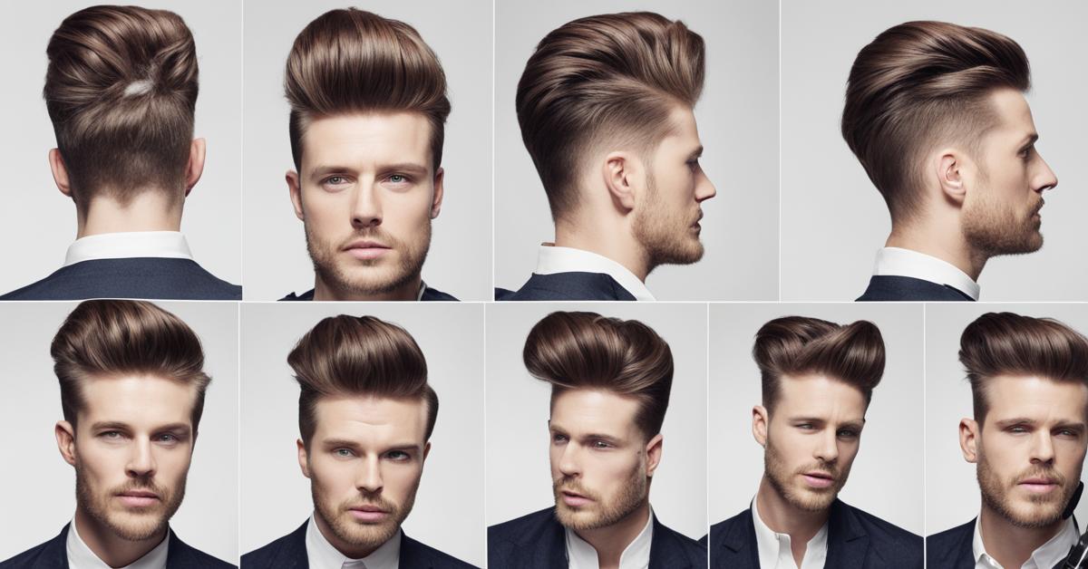 Proces stylizacji fryzury quiff krok po kroku, z użyciem produktów i suszarki.