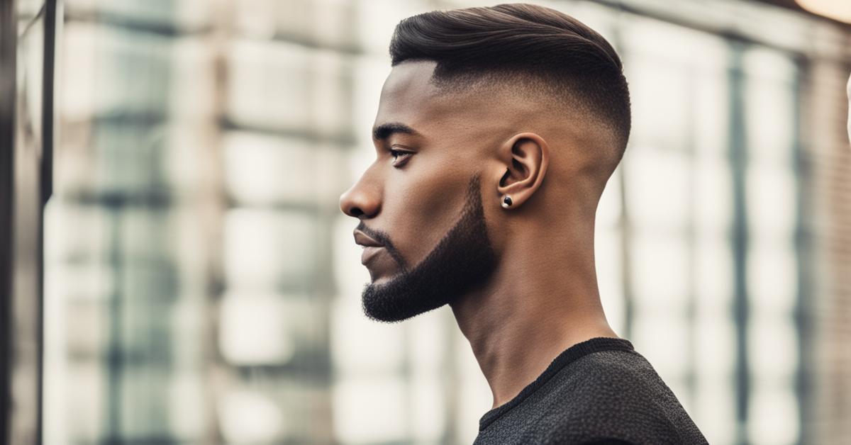 Męski low skin fade z niskim przejściem przy uszach.