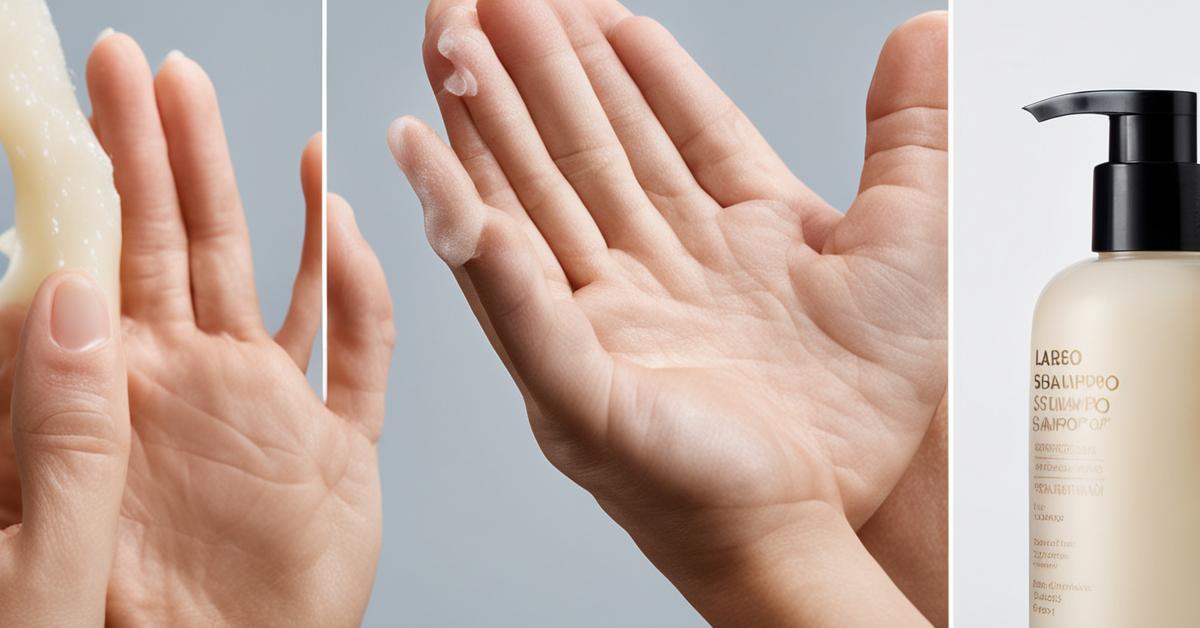 Porównawcze ujęcie dwóch dłoni obok siebie, jedna używa profesjonalnego szamponu fryzjerskiego z bogatą pianą, a druga zwykłego szamponu drogeryjnego o rzadszej konsystencji, uwypuklając różnice w teksturze i jakości produktów, z naciskiem na kontrastującą pianę.