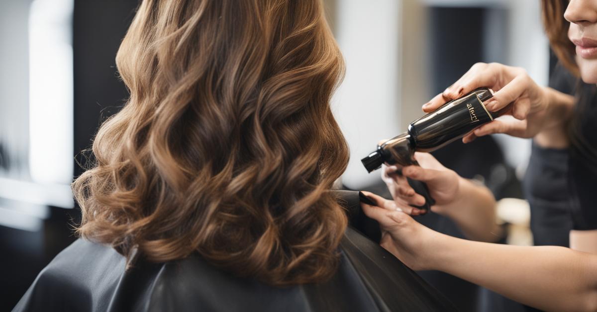 Fryzjer stylizuje włosy klientki za pomocą lakieru Infinium, profesjonalny salon fryzjerski.