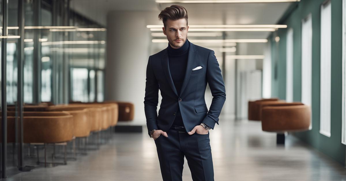 Mężczyzna w modnej stylizacji z fryzurą quiff w miejskim otoczeniu.