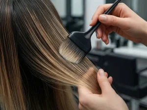 Profesjonalna technika baleyage jak ukryć siwe włosy poprzez naturalne refleksy w salonie fryzjerskim.