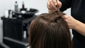 Profesjonalna koloryzacja włosów na odcień czekoladowy brąz włosów w nowoczesnym salonie fryzjerskim.