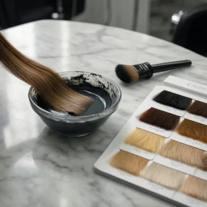 Profesjonalne akcesoria fryzjerskie oraz farba ciemny blond w eleganckim salonie fryzjerskim.