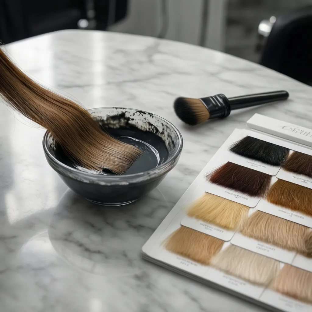 Profesjonalne akcesoria fryzjerskie oraz farba ciemny blond w eleganckim salonie fryzjerskim.