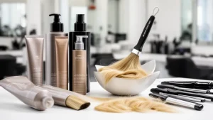 Profesjonalne akcesoria fryzjerskie i farba do włosów blond przygotowana do koloryzacji w salonie.