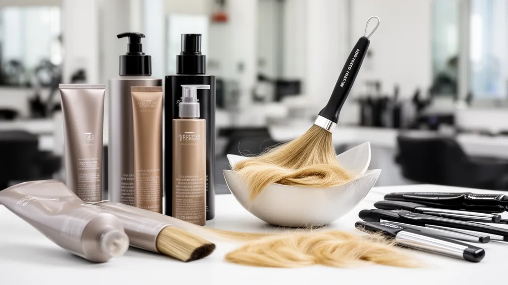 Profesjonalne akcesoria fryzjerskie i farba do włosów blond przygotowana do koloryzacji w salonie.