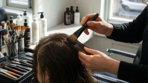 Profesjonalne narzędzia fryzjerskie w salonie podczas zabiegu, jakim jest farbowanie włosów w ciąży.