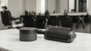 Profesjonalne akcesoria fryzjerskie do stylizacji włosów na tle męskiej fringe fryzury.