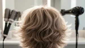 Profesjonalna stylizacja włosów typu fryzura fluffy hair z widoczną teksturą i objętością w nowoczesnym salonie fryzjerskim.