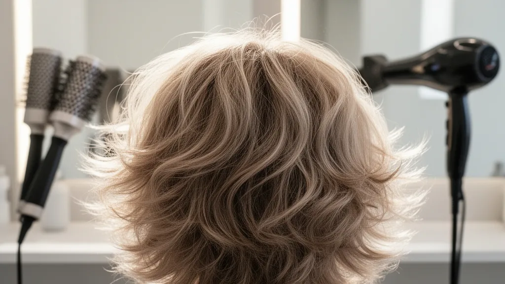 Profesjonalna stylizacja włosów typu fryzura fluffy hair z widoczną teksturą i objętością w nowoczesnym salonie fryzjerskim.