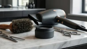 Profesjonalne akcesoria barberskie do stylizacji włosów typu fryzura ronaldo na marmurowym blacie.