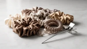 Zestaw profesjonalnych akcesoriów, w tym jedwabne gumki do włosów oraz scrunchie, ułożone na marmurowym blacie.