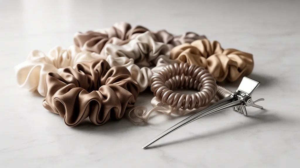 Zestaw profesjonalnych akcesoriów, w tym jedwabne gumki do włosów oraz scrunchie, ułożone na marmurowym blacie.