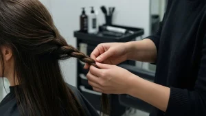 Profesjonalne dłonie stylisty wykonujące warkocz dobierany – instrukcja jak zrobić warkocza krok po kroku.