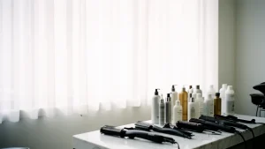 Nowoczesne krótkie firany do salonu w profesjonalnym wnętrzu fryzjerskim przy stanowisku do stylizacji włosów.