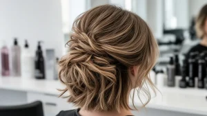 Eleganckie luźne upięcia włosy do ramion wykonane w profesjonalnym salonie fryzjerskim.