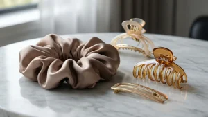 Zestaw profesjonalnych akcesoriów i eleganckie ozdoby do włosów na marmurowym blacie w salonie fryzjerskim.
