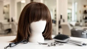 Profesjonalna peruka z naturalnych włosów na stojaku w nowoczesnym salonie fryzjerskim.
