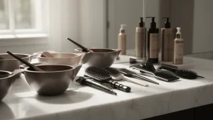 Profesjonalne narzędzia fryzjerskie do koloryzacji sombre włosy w nowoczesnym salonie.