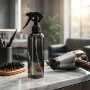 Profesjonalny spray do włosów na marmurowym blacie w salonie fryzjerskim.