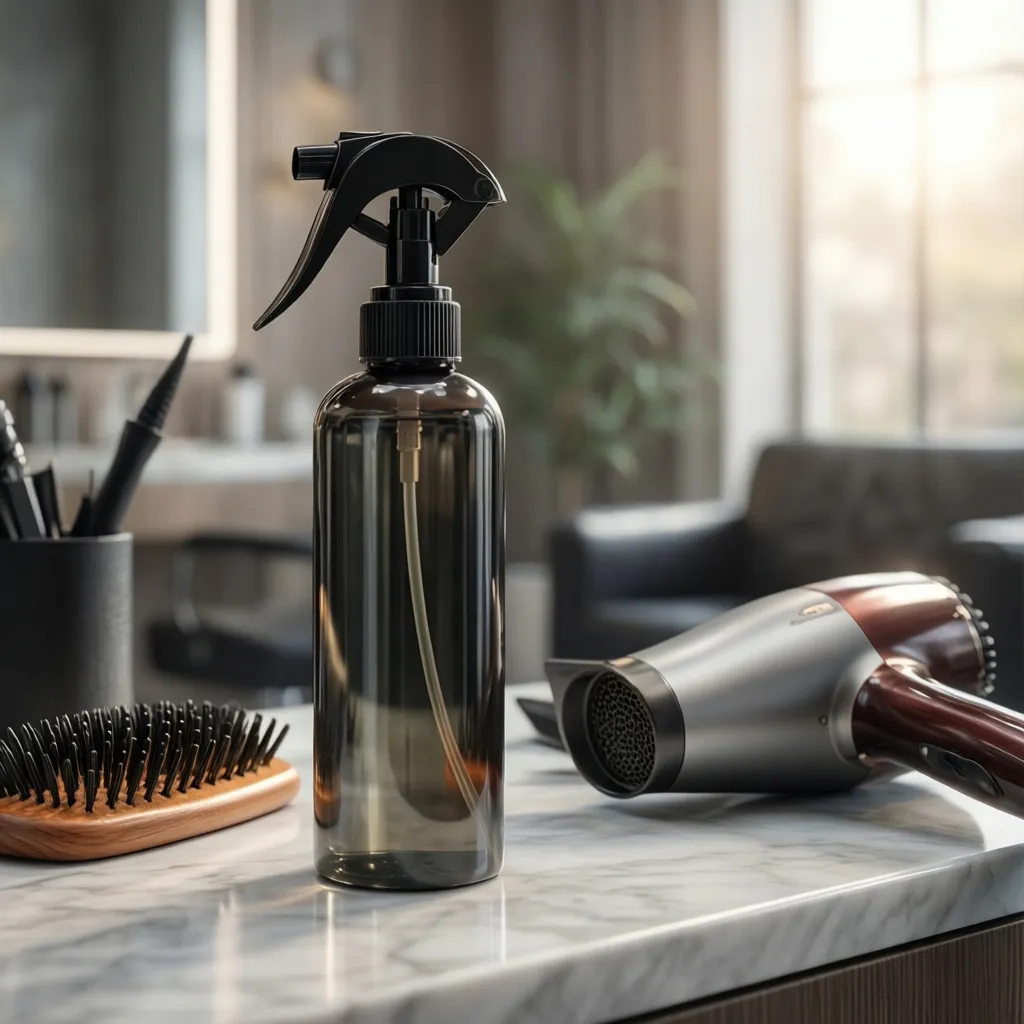 Profesjonalny spray do włosów na marmurowym blacie w salonie fryzjerskim.