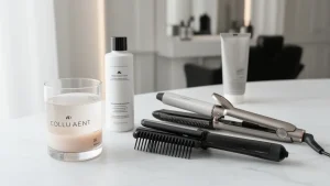 Profesjonalne produkty do pielęgnacji i suplementy na włosy na marmurowym blacie w salonie fryzjerskim.