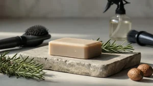 Naturalny szampon w kostce na kamiennej podstawce otoczony składnikami roślinnymi w nowoczesnym salonie fryzjerskim.