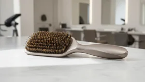 Profesjonalna szczotka do włosów z naturalnym włosiem na marmurowym blacie w nowoczesnym salonie fryzjerskim.