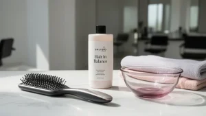 Stylowa prezentacja opakowania toner do włosów OnlyBio Hair in Balance na profesjonalnym stanowisku fryzjerskim.