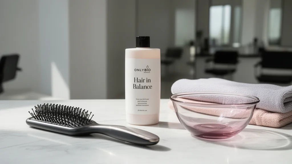 Stylowa prezentacja opakowania toner do włosów OnlyBio Hair in Balance na profesjonalnym stanowisku fryzjerskim.