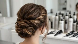 Profesjonalne, eleganckie upięte włosy z dbałością o detale i strukturę pasm w nowoczesnym salonie fryzjerskim.