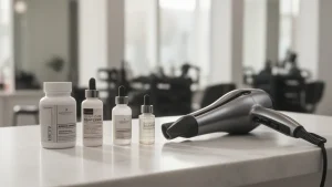 Profesjonalne produkty do pielęgnacji i witaminy na włosy na blacie w nowoczesnym salonie fryzjerskim.
