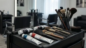 Profesjonalne akcesoria fryzjerskie i kosmetyki w salonie używane przy stylizacji włosy po angielsku.