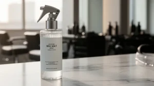 Profesjonalny spray z solą morską jako woda morska do włosów na marmurowym blacie w salonie fryzjerskim.