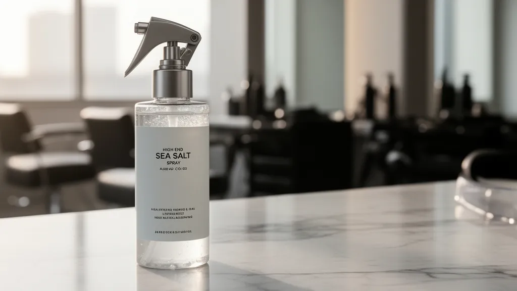 Profesjonalny spray z solą morską jako woda morska do włosów na marmurowym blacie w salonie fryzjerskim.